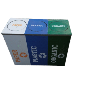 Three-compartment waste separation bin for paper, plastic, and organic waste – eco-friendly recycling bin in Kenya